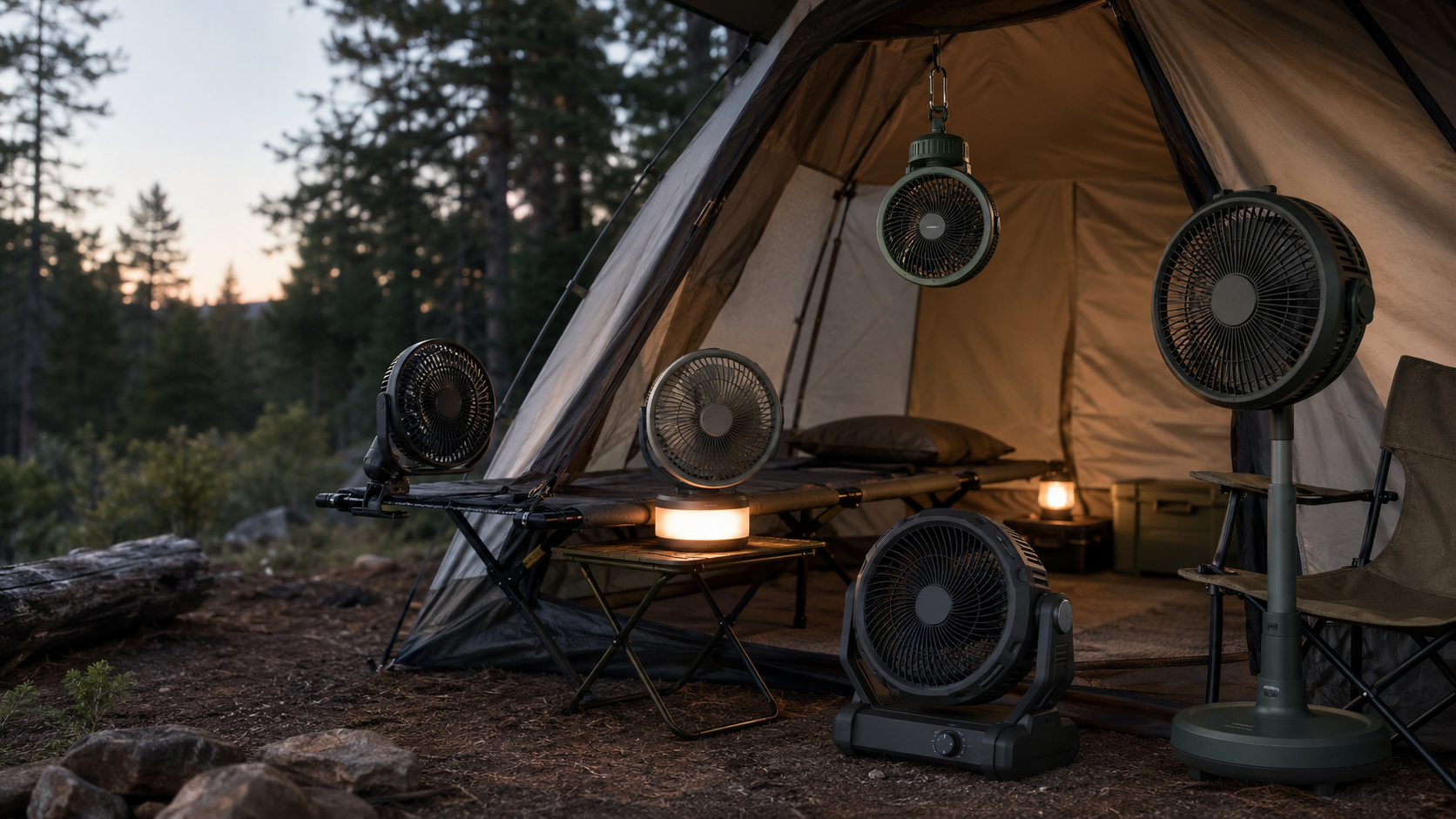Five quiet rechargeable camping fans arranged inside and beside a modern tent