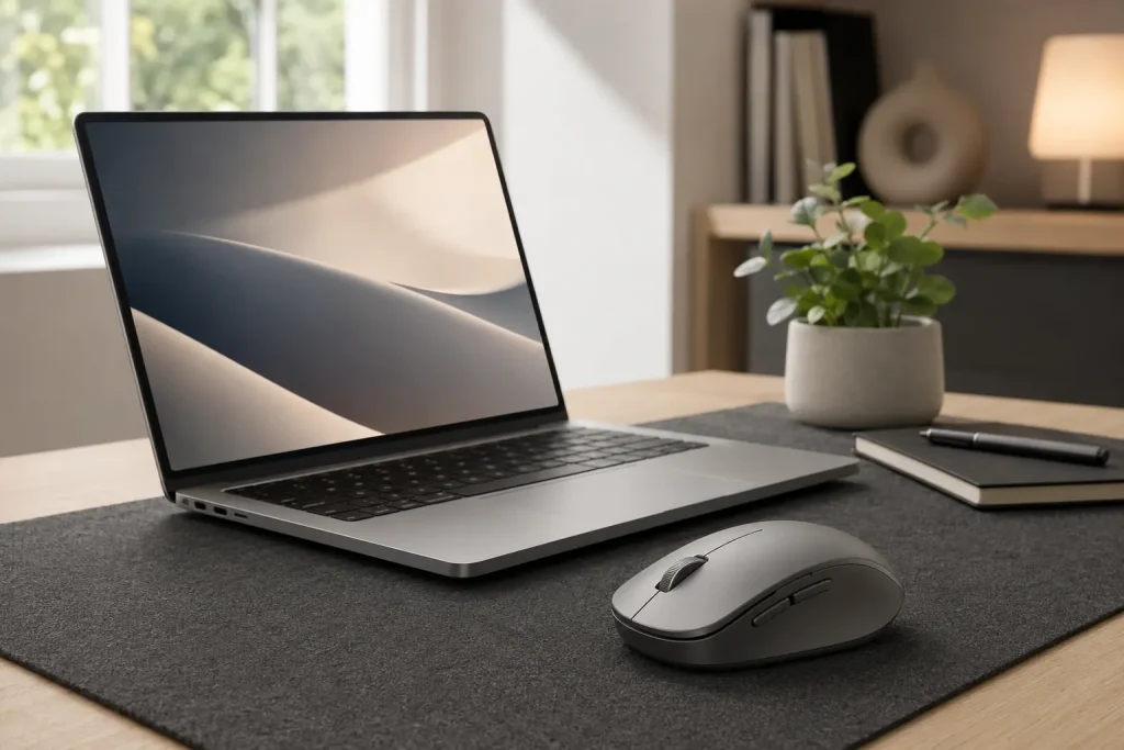 5 Best Silent Mice for MacBook and Mac in 2026 Quiet wireless mouse beside a premium laptop in a modern Mac-style workspace
