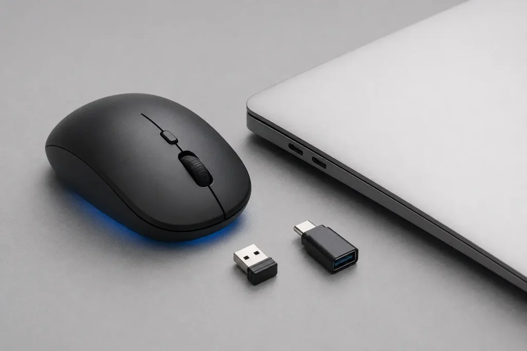 5 Best Silent Mice for MacBook and Mac in 2026 Bluetooth mouse and USB receiver connection options beside a USB-C laptop