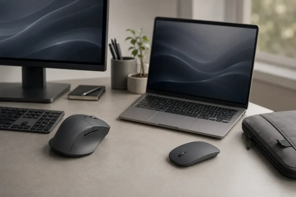 5 Best Silent Mice for MacBook and Mac in 2026 Premium desktop mouse and compact travel mouse beside Mac-style computers