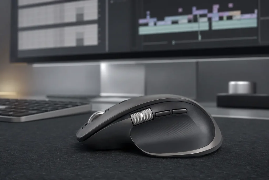 5 Best Silent Mice for MacBook and Mac in 2026 Productivity mouse with horizontal thumb wheel beside a wide spreadsheet
