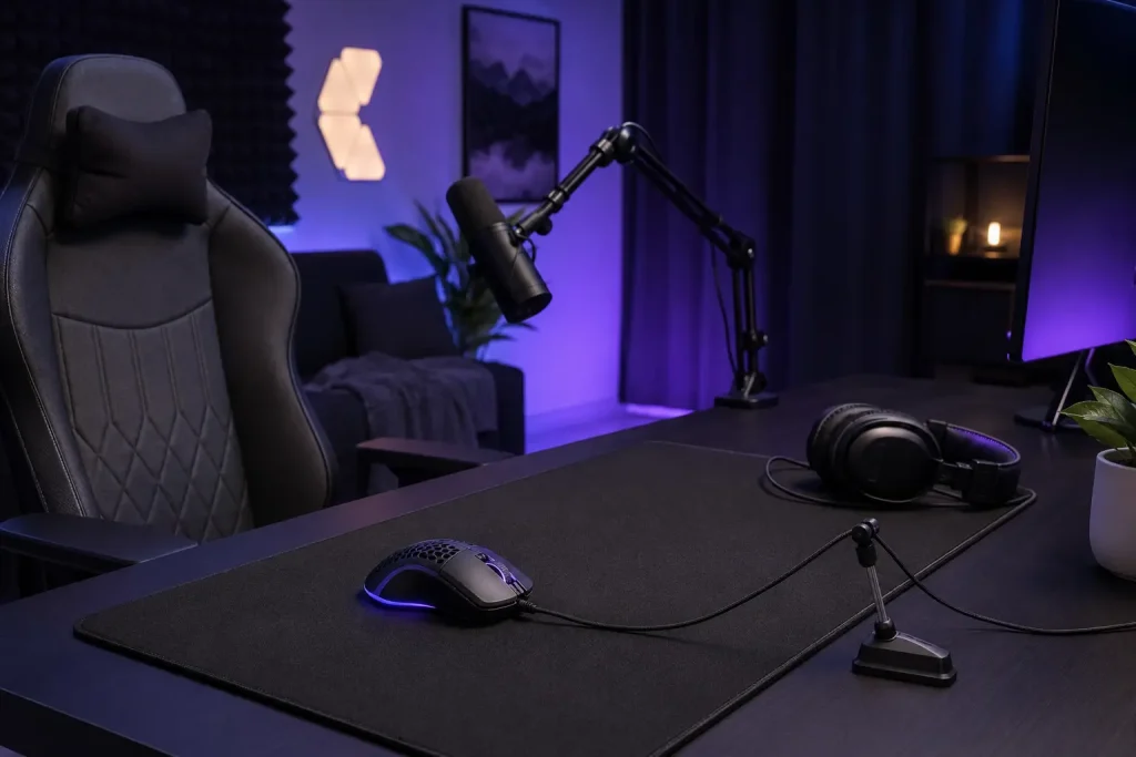 Best Silent Gaming Mouse in 2026: 5 Quiet Picks for Late-Night Gaming Gaming mouse on a thick desk mat with microphone positioned farther away