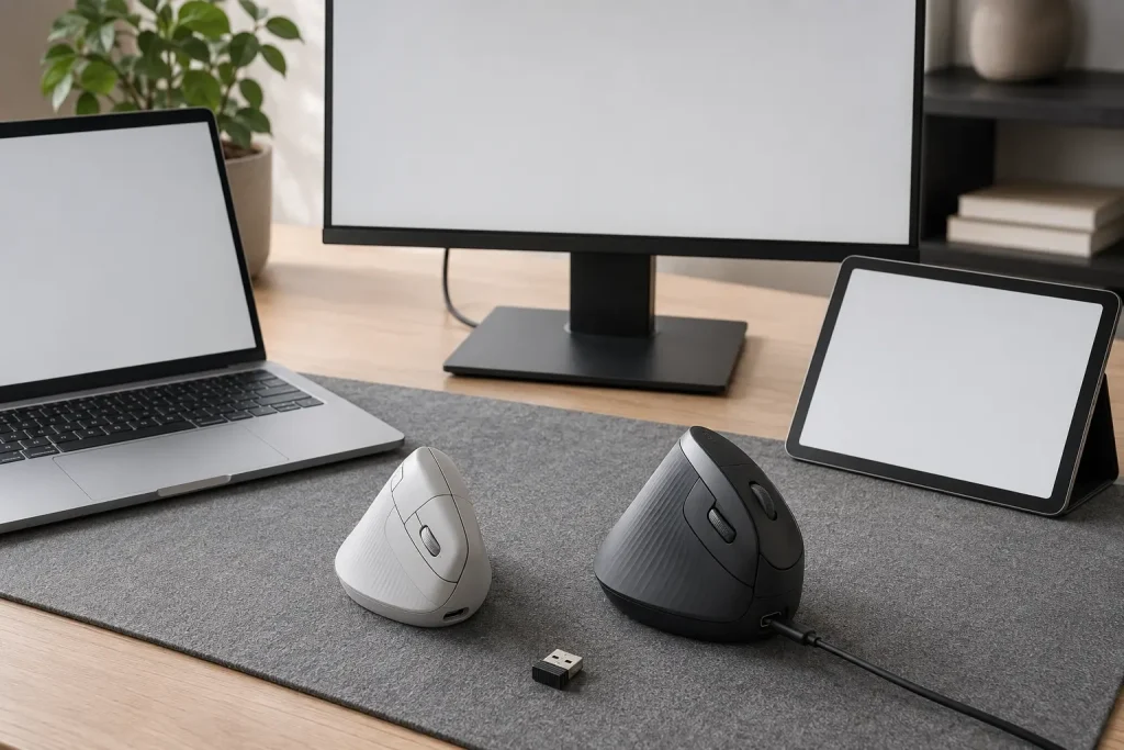 Logitech Lift vs. MX Vertical: Which Is Quieter in 2026? Vertical mouse connected to a laptop desktop computer and tablet