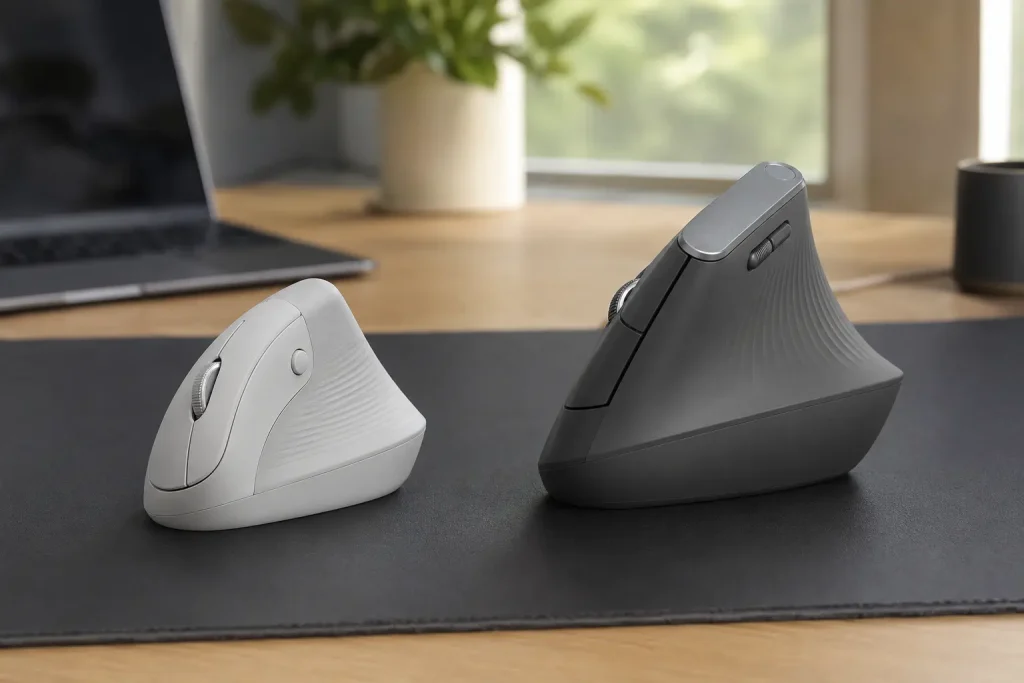 Logitech Lift vs. MX Vertical: Which Is Quieter in 2026? Logitech Lift and MX Vertical ergonomic mouse size comparison