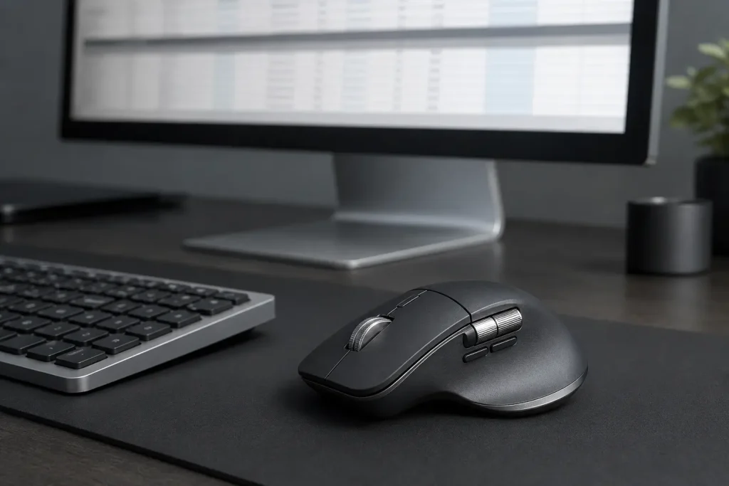 5 Best Silent Mice for MacBook and Mac in 2026 Quiet productivity mouse with thumb controls at a Mac desktop workstation