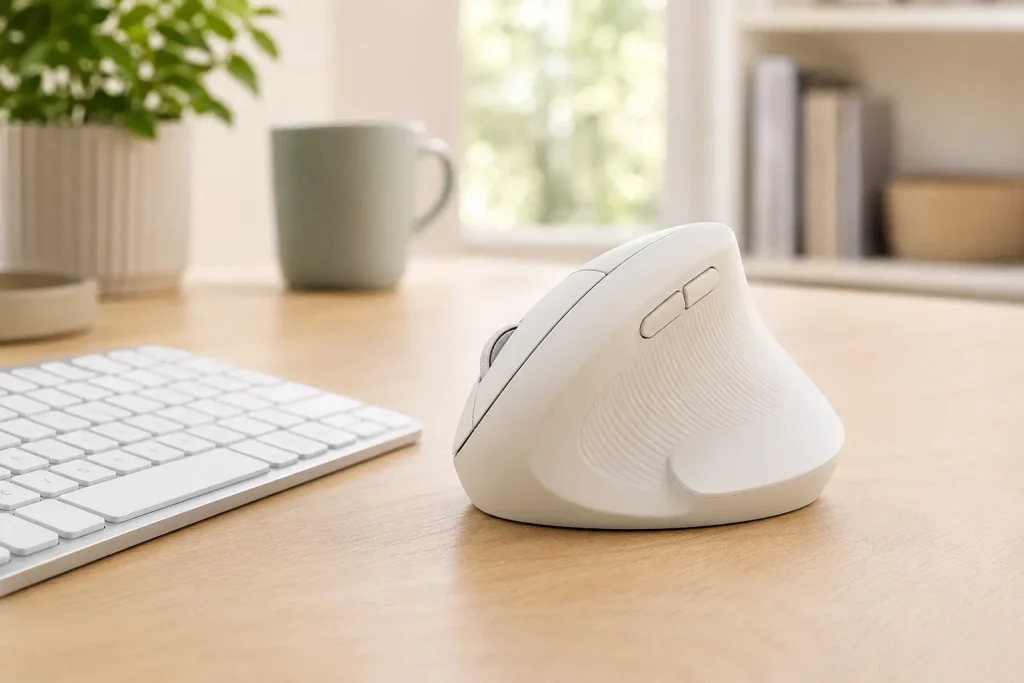 5 Best Silent Mice for MacBook and Mac in 2026 Quiet vertical mouse positioned beside a Mac-style keyboard
