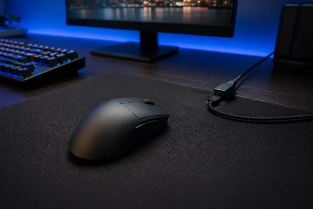 Best Silent Gaming Mouse in 2026: 5 Quiet Picks for Late-Night Gaming Quiet wireless gaming mouse with USB receiver positioned close to the desk
