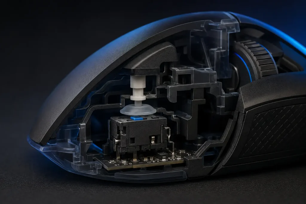 Best Silent Gaming Mouse in 2026: 5 Quiet Picks for Late-Night Gaming Cutaway view of a dampened silent gaming mouse button and internal switch
