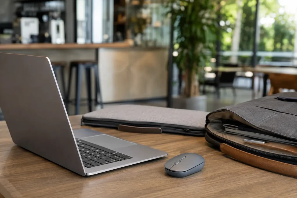 5 Best Silent Mice for MacBook and Mac in 2026 Compact silent Bluetooth mouse beside a MacBook-style laptop and travel bag