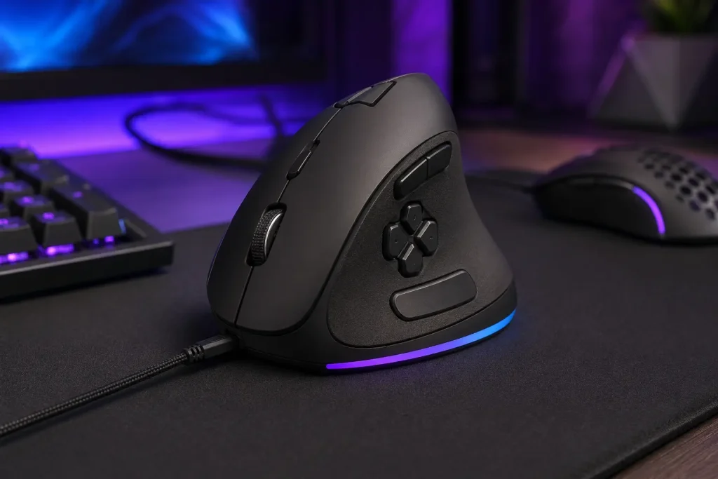 Best Silent Gaming Mouse in 2026: 5 Quiet Picks for Late-Night Gaming Silent vertical gaming mouse with programmable thumb controls on a desk mat