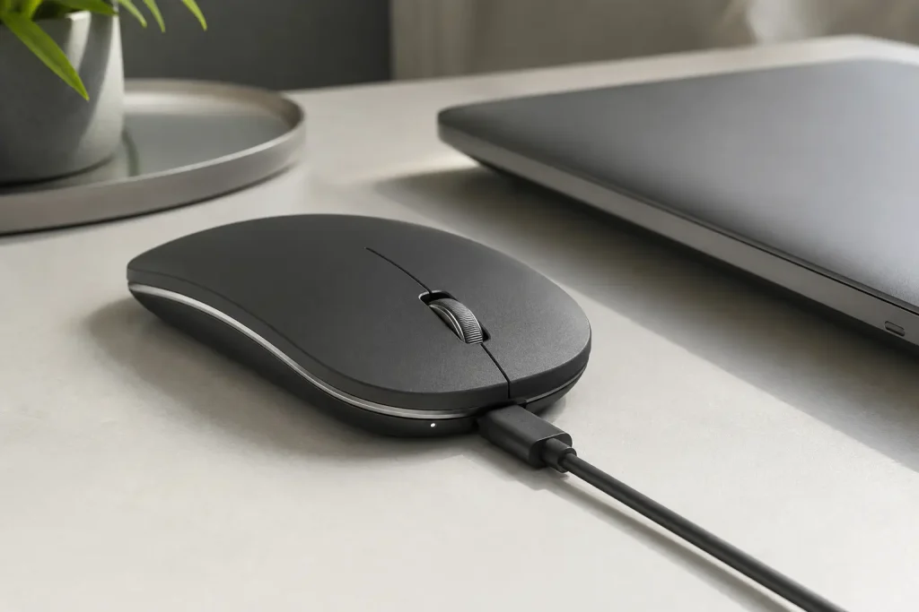 5 Best Silent Mice for MacBook and Mac in 2026 Quiet wireless mouse charging through USB-C beside a laptop