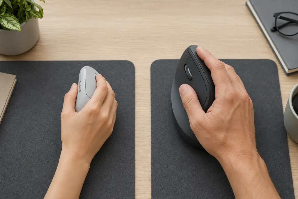 Logitech Lift vs. MX Vertical: Which Is Quieter in 2026? Hand resting in a natural handshake position on a vertical ergonomic mouse