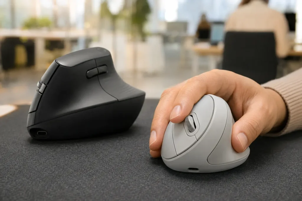 Logitech Lift vs. MX Vertical: Which Is Quieter in 2026? Quiet compact vertical mouse compared with a conventional clicking vertical mouse