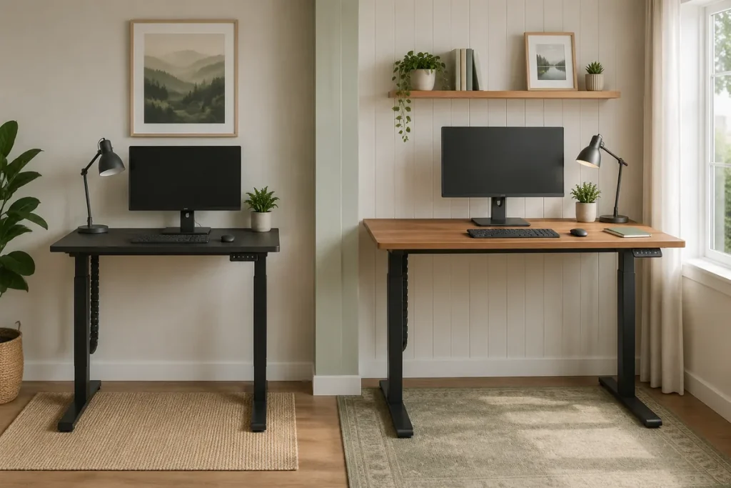 Branch Duo vs. Vari Essential: Best for Small Offices? Narrow charcoal standing desk beside a wider warm-wood standing desk in a small home office