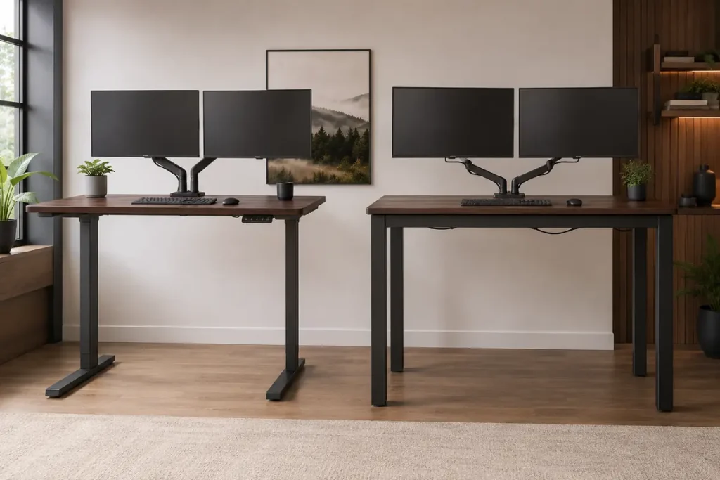 FlexiSpot E7 Pro vs. E7 Plus: Is Four-Leg Stability Worth More? Two-leg and four-leg standing desks compared in a modern home office