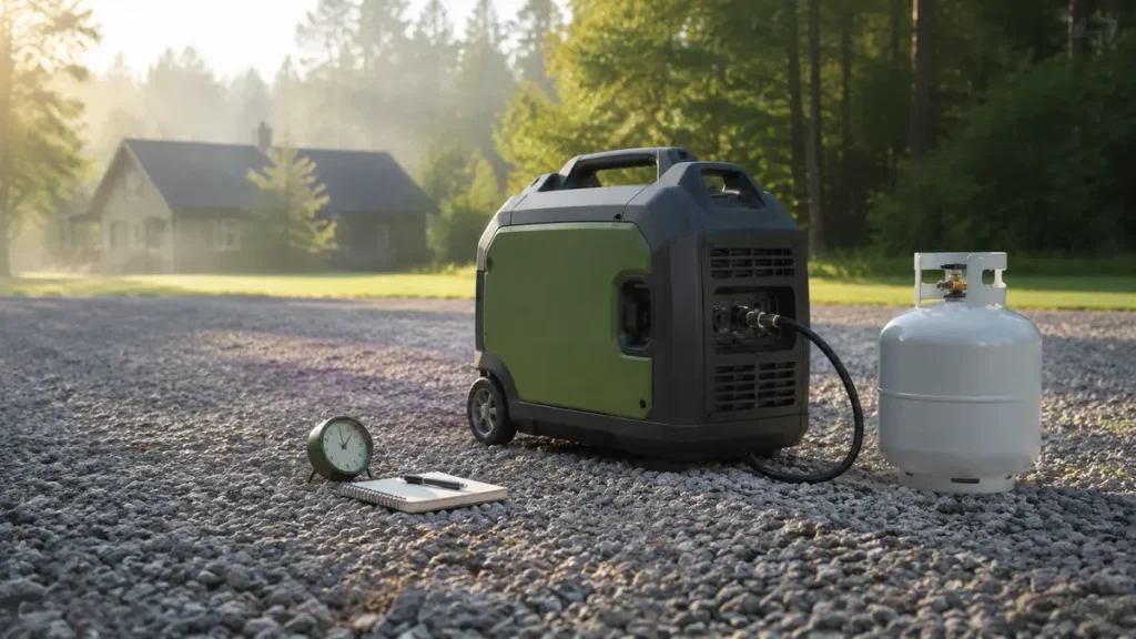 How Long Will a Generator Run on a 20-Lb Propane Tank? Quiet inverter generator connected to a 20-pound propane tank with a clock on an outdoor gravel area