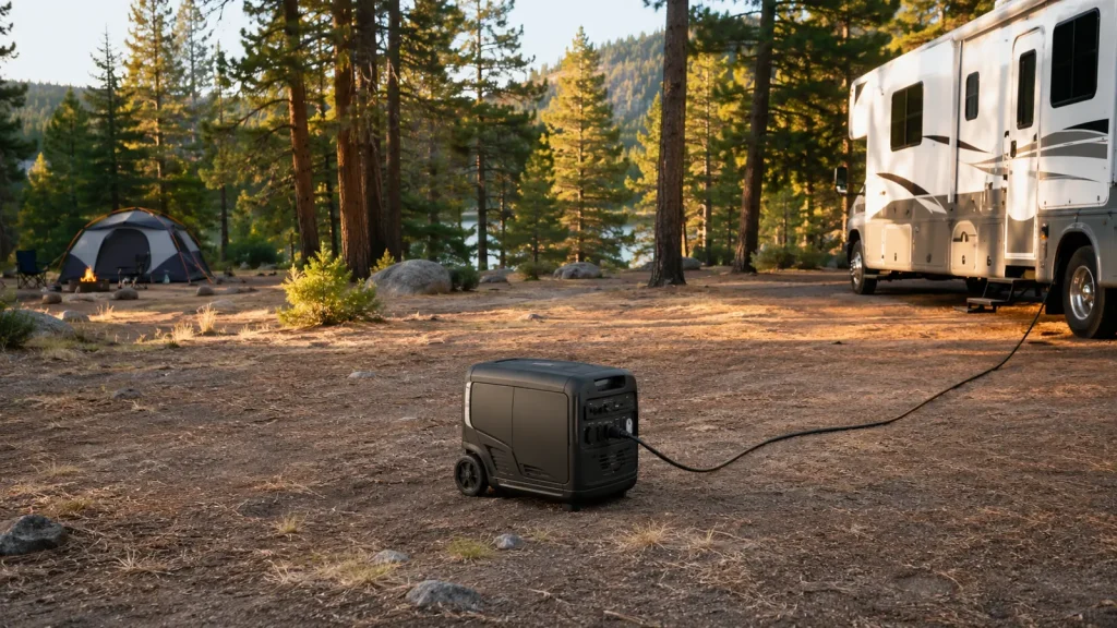 Quiet Campsite Generator Planner: Noise, Fuel & Placement Quiet campsite generator positioned between an RV and a neighboring campsite