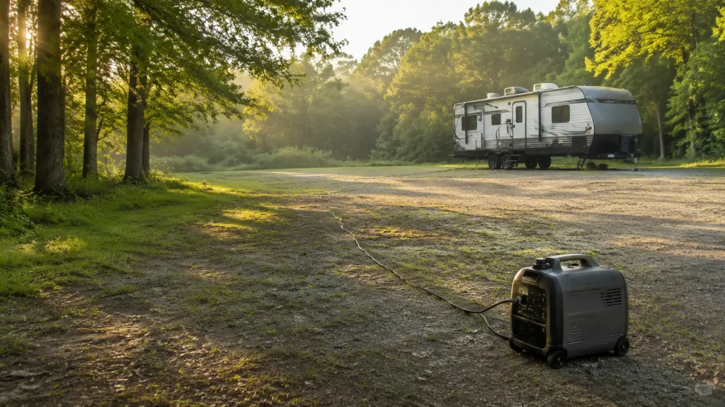Quiet Generators & RV Power Guides | QuietTechReport Quiet inverter generator positioned a safe distance from an RV at a wooded campsite