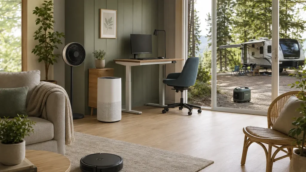 Quiet Tech Reviews & Buying Guides | QuietTechReport Quiet living space with a robot vacuum, air purifier, standing desk and RV inverter generator