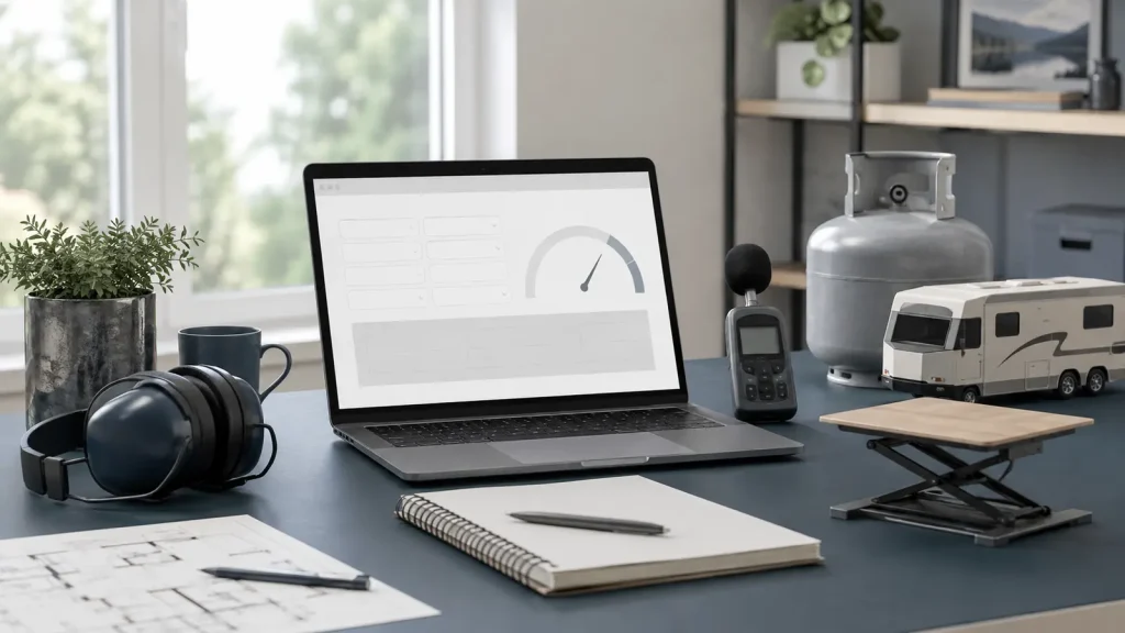 Free Calculators and Quiet Product Guides | QuietTechReport Laptop with a calculator interface beside a sound meter, RV, propane cylinder and adjustable standing desk model