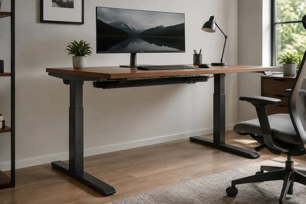 FlexiSpot E7 Pro vs. E7 Plus: Is Four-Leg Stability Worth More? Two-leg semi-C standing desk frame with open knee and leg space