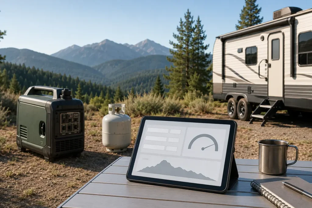 Free Calculators and Quiet Product Guides | QuietTechReport Tablet displaying a generator-planning interface at a mountain RV campsite beside an inverter generator and propane cylinder