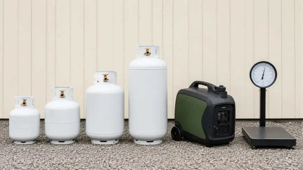 How Long Will a Generator Run on a 20-Lb Propane Tank? Different propane cylinder sizes arranged beside an inverter generator and weighing scale