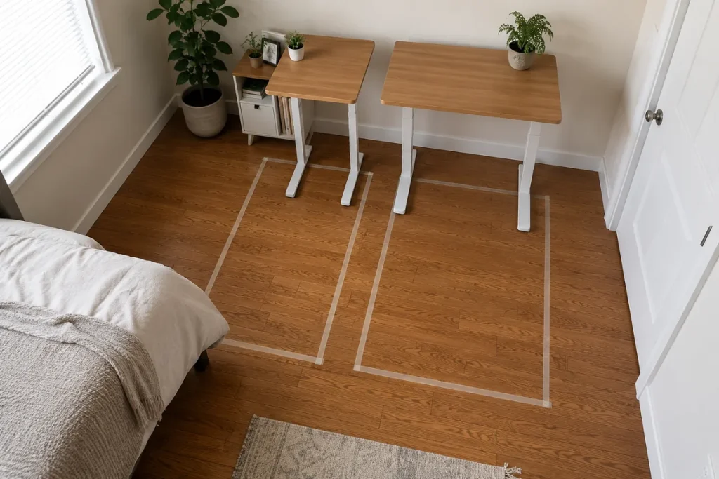 Branch Duo vs. Vari Essential: Best for Small Offices? Floor markings comparing the space required by 36-inch and 48-inch standing desks