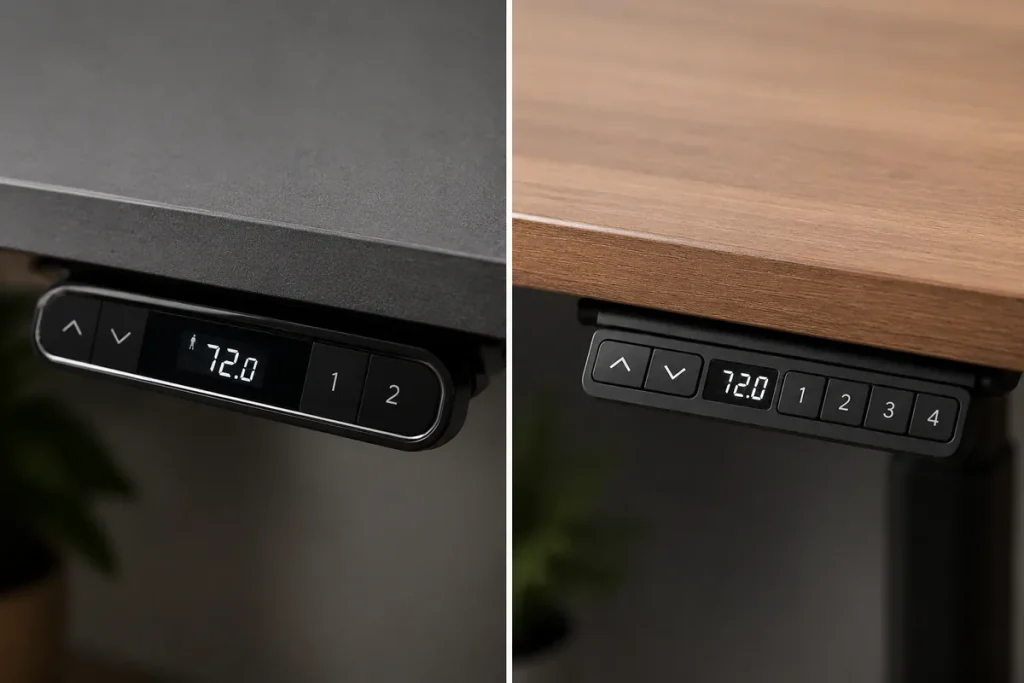 Branch Duo vs. Vari Essential: Best for Small Offices? Illustrative comparison of a two-preset OLED desk controller and four-preset LED keypad