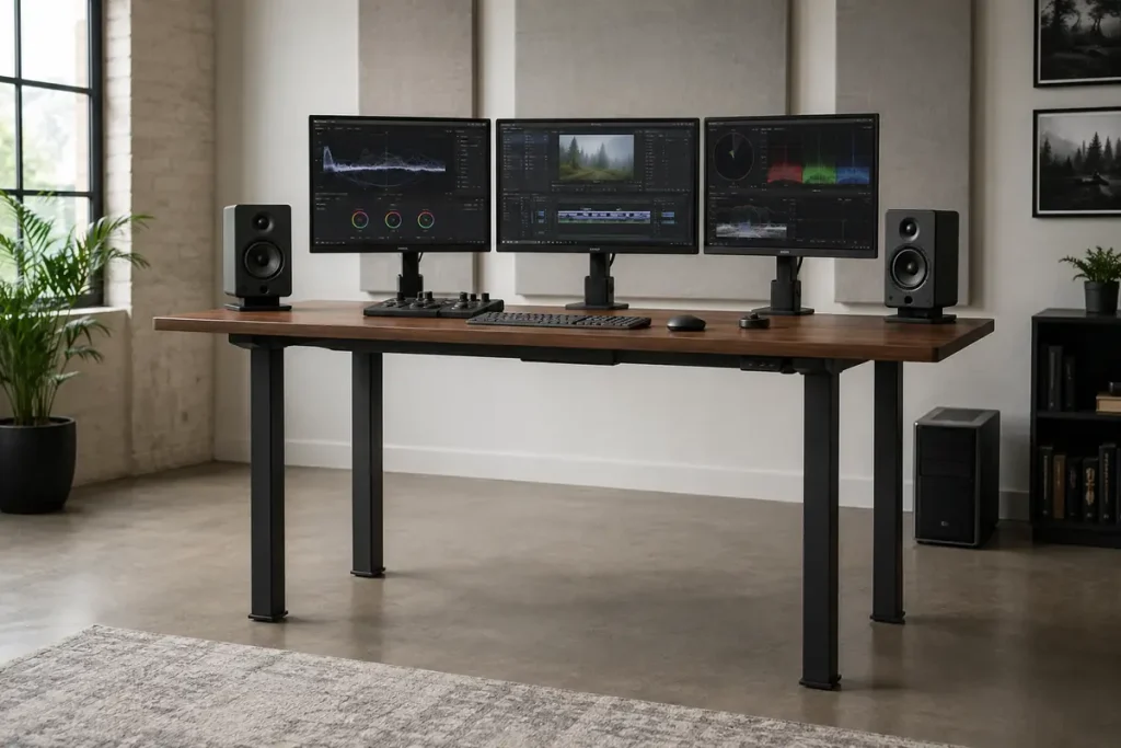 FlexiSpot E7 Pro vs. E7 Plus: Is Four-Leg Stability Worth More? Four-leg standing desk supporting three monitors and studio equipment