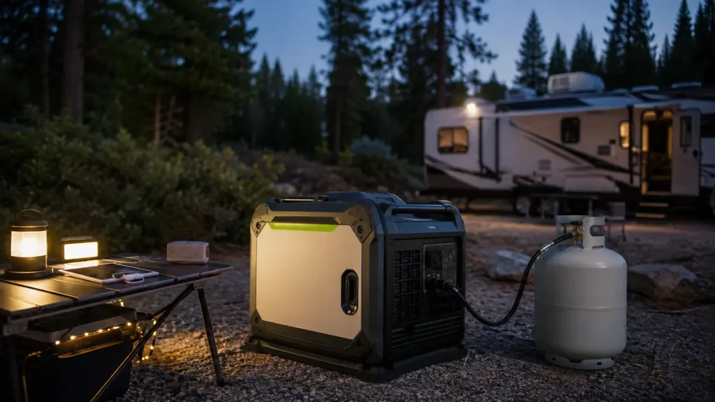 How Long Will a Generator Run on a 20-Lb Propane Tank? Propane inverter generator powering campsite lights near an RV at night