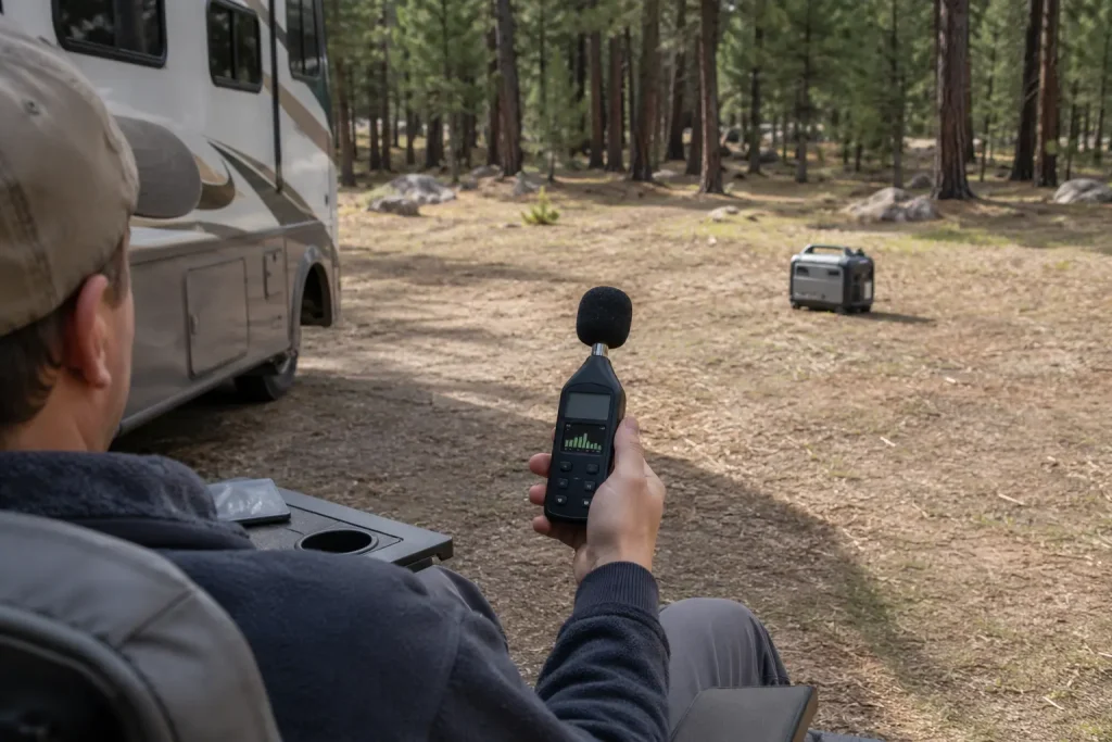 Quiet Campsite Generator Planner: Noise, Fuel & Placement Camper measuring generator noise from the RV seating area