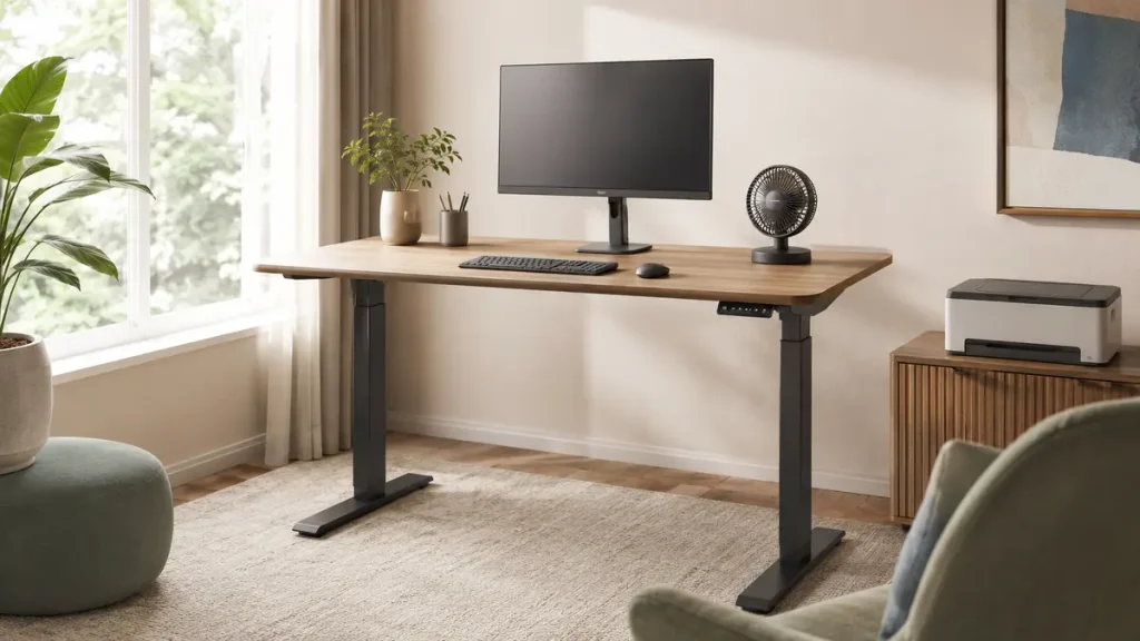 Quiet Tech Reviews & Buying Guides | QuietTechReport Quiet home office with a standing desk, keyboard, mouse, desk fan and compact printer