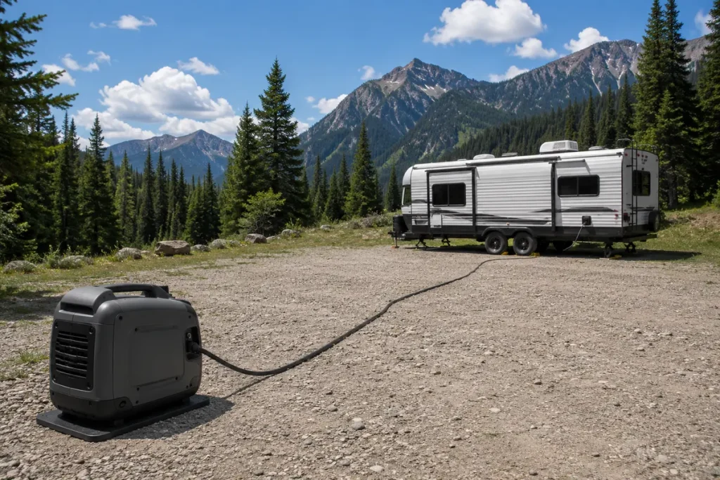 Quiet Generators & RV Power Guides | QuietTechReport Inverter generator connected to an RV from a safe outdoor distance with its rooftop air conditioner visible