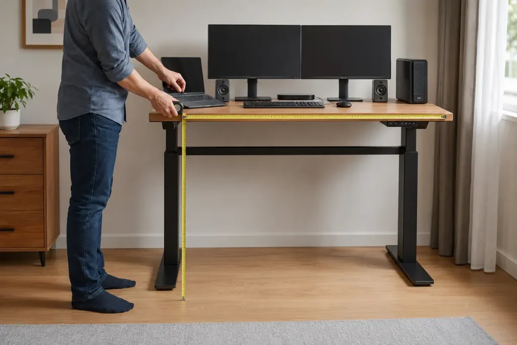 Free Calculators and Quiet Product Guides | QuietTechReport Person measuring the height and width of an electric standing desk equipped with two monitors and a computer