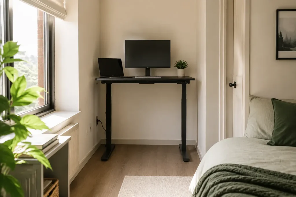 Branch Duo vs. Vari Essential: Best for Small Offices? Compact charcoal electric standing desk fitting inside a narrow bedroom office alcove