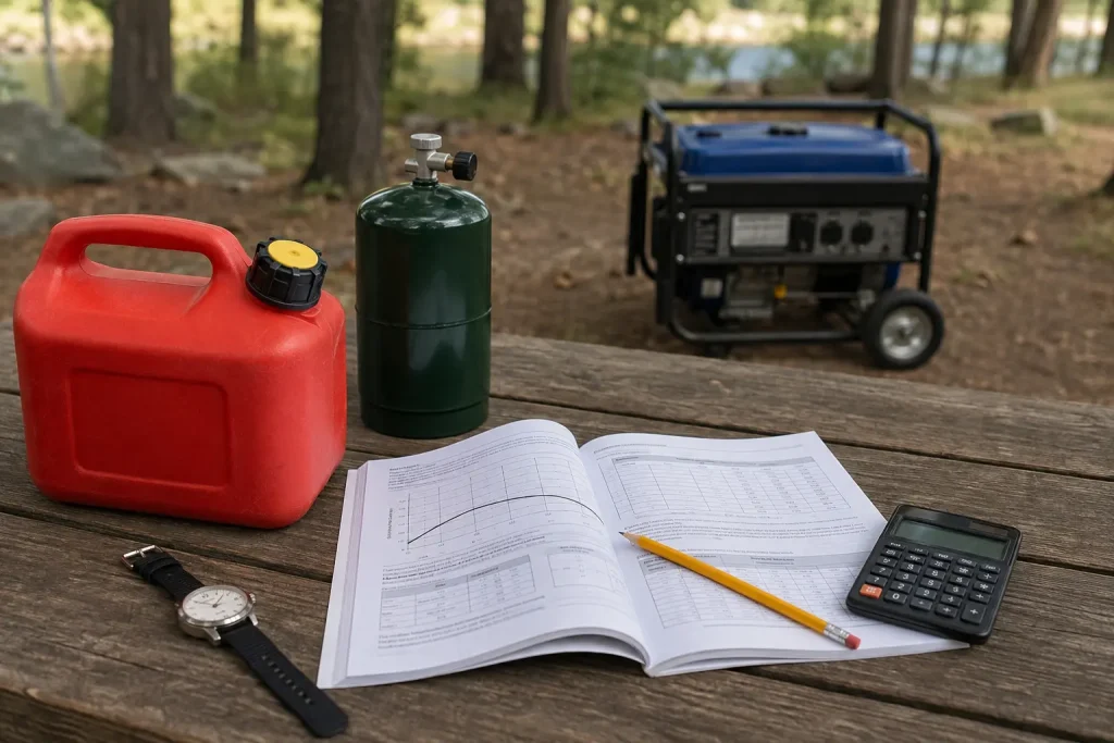 Quiet Campsite Generator Planner: Noise, Fuel & Placement Generator manual, fuel containers, calculator and watch used to plan campsite runtime