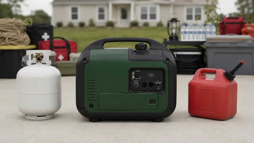 How Long Will a Generator Run on a 20-Lb Propane Tank? Dual-fuel inverter generator positioned between a propane cylinder and approved gasoline container