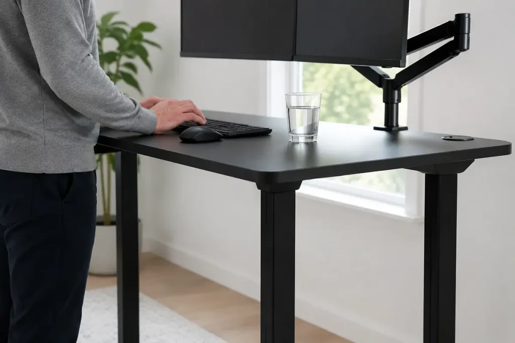 FlexiSpot E7 Pro vs. E7 Plus: Is Four-Leg Stability Worth More? Person typing beside a glass of water on a four-leg standing desk