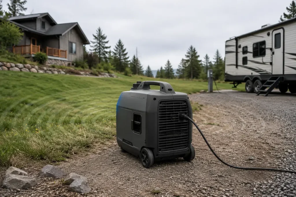 Quiet Generators & RV Power Guides | QuietTechReport Portable inverter generator operating outdoors away from a house and RV