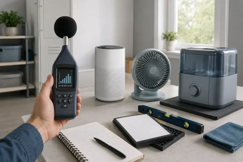 Free Calculators and Quiet Product Guides | QuietTechReport Hand holding a sound-level meter near an air purifier, tabletop fan and appliance on an anti-vibration mat