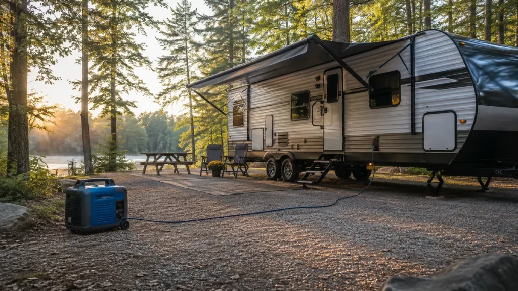 Quiet Tech Reviews & Buying Guides | QuietTechReport Enclosed inverter generator powering a travel trailer at a wooded campsite