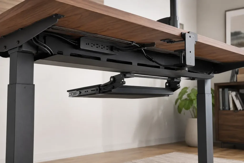 FlexiSpot E7 Pro vs. E7 Plus: Is Four-Leg Stability Worth More? Organized standing desk underside with cable tray and accessory mounts