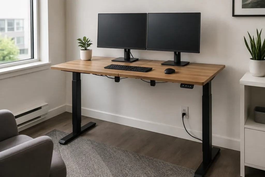 Branch Duo vs. Vari Essential: Best for Small Offices? Warm-wood 48-inch standing desk with two monitors in a compact apartment office