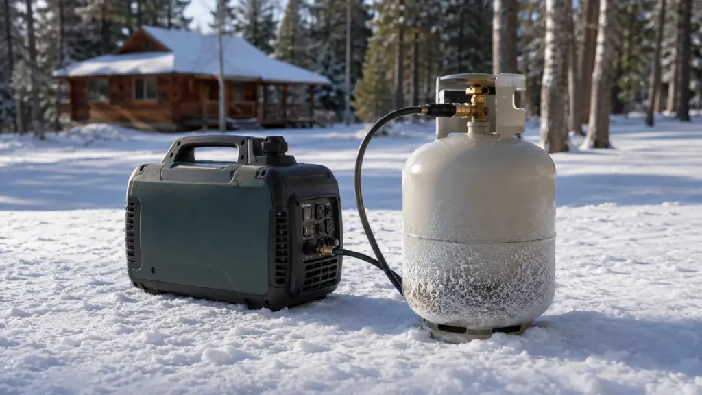 How Long Will a Generator Run on a 20-Lb Propane Tank? Propane generator operating outdoors in winter with frost forming on the lower propane cylinder
