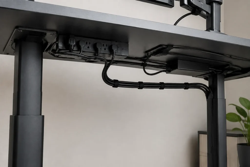 Branch Duo vs. Vari Essential: Best for Small Offices? Power strip and cables secured beneath a standing desk without touching the lifting columns