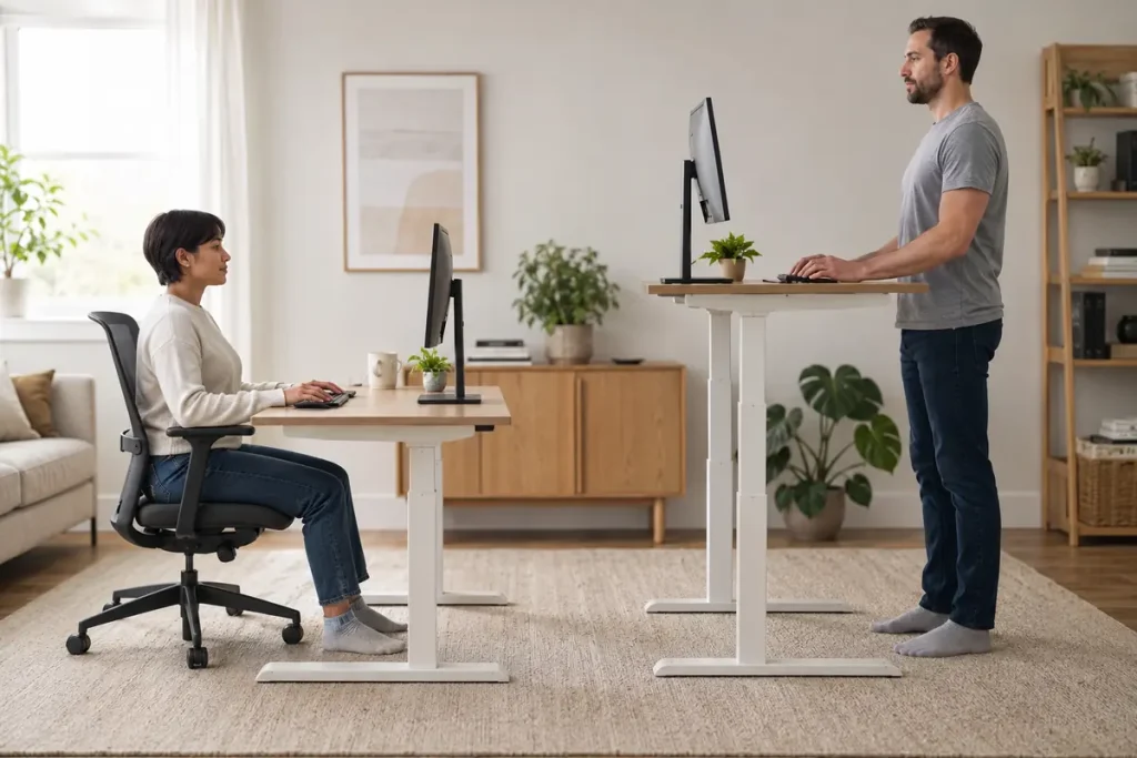 FlexiSpot E7 Pro vs. E7 Plus: Is Four-Leg Stability Worth More? Shorter seated user and taller standing user working at adjustable desks