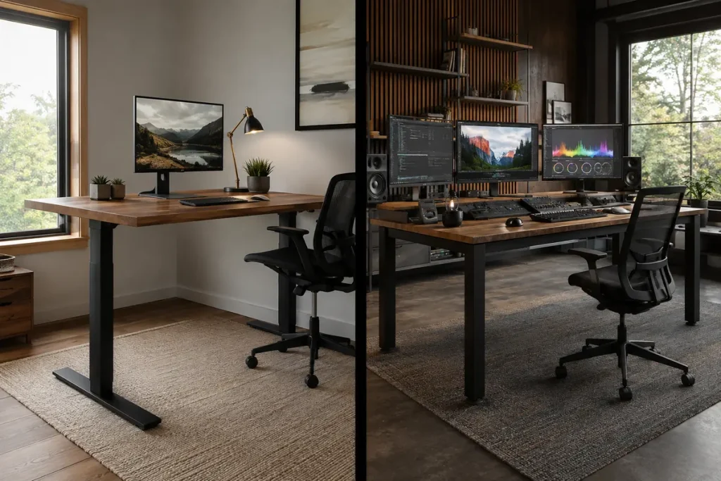 FlexiSpot E7 Pro vs. E7 Plus: Is Four-Leg Stability Worth More? Simple two-leg office desk compared with heavy four-leg creative workstation