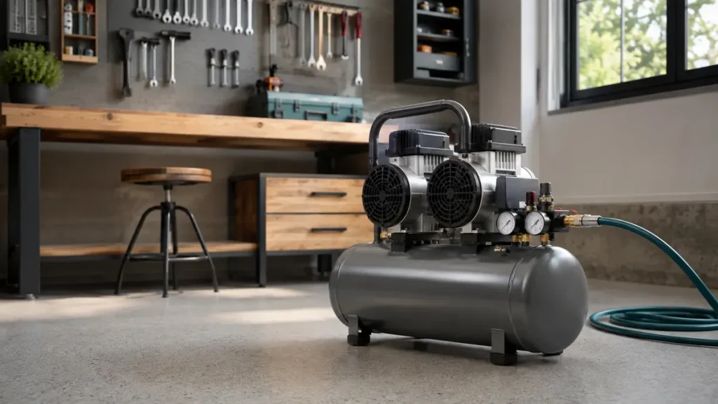Quiet Air Compressors: Reviews, Sizing & Noise Guides Quiet oil-free air compressor with hose in a clean home workshop