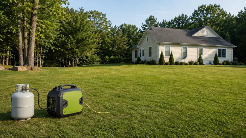 How Long Will a Generator Run on a 20-Lb Propane Tank? Propane generator positioned across an open yard far from a house with a long outdoor extension cord